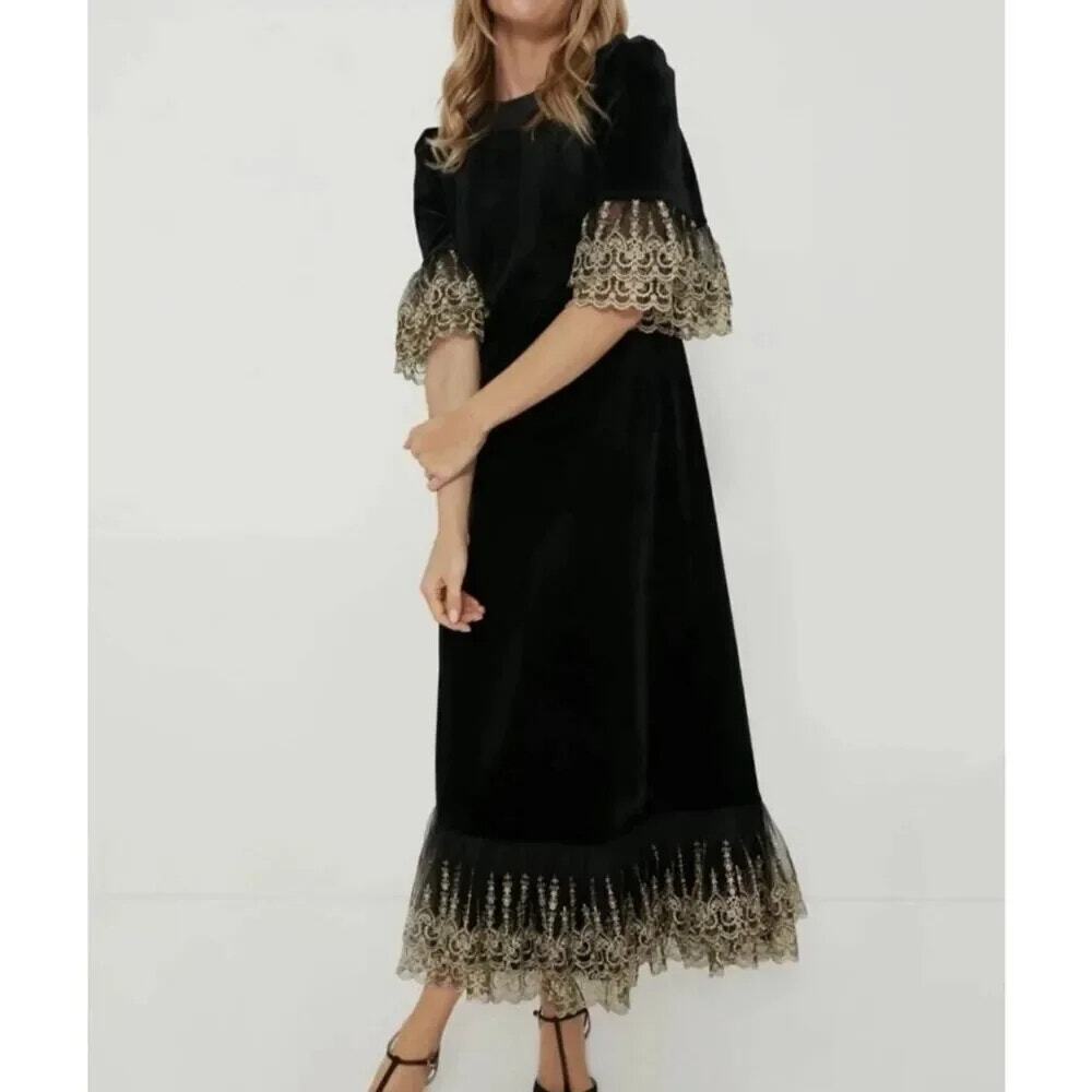 TUCKERNUCK Pomander Place Lilith Black Velvet Gold Ruffle Midi Cocktail Dress XL